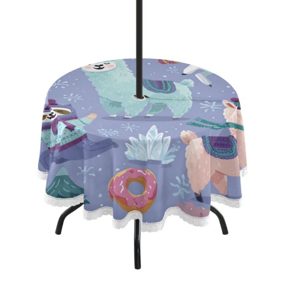 Round Outdoor Tablecloth 60 Inch Dining Table Cover with Lace Trim & Umbrella Hole for Outside Party Camping Cute Animals in The Snow