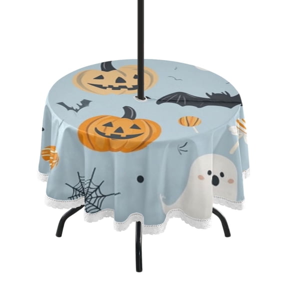 Round Outdoor Tablecloth 60 Inch Dining Table Cover with Lace Trim & Umbrella Hole for Outside Party Camping Cute Halloween-themed Clipart