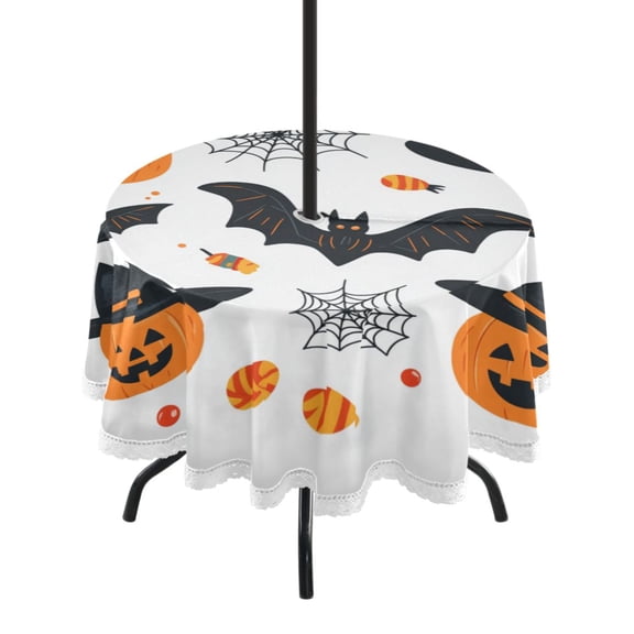 Round Outdoor Tablecloth 60 Inch Dining Table Cover with Lace Trim & Umbrella Hole for Outside Party Camping Halloween Cute Doodle Clip Art Set