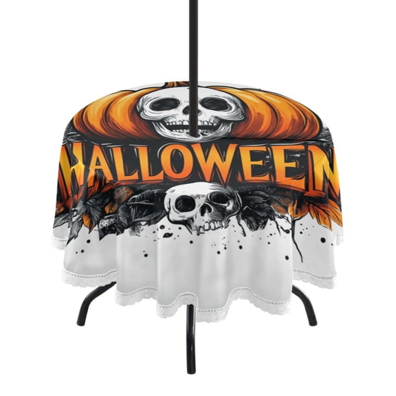 Round Outdoor Tablecloth 60 Inch Dining Table Cover with Lace Trim & Umbrella Hole for Outside Party Camping Halloween Elements Logo