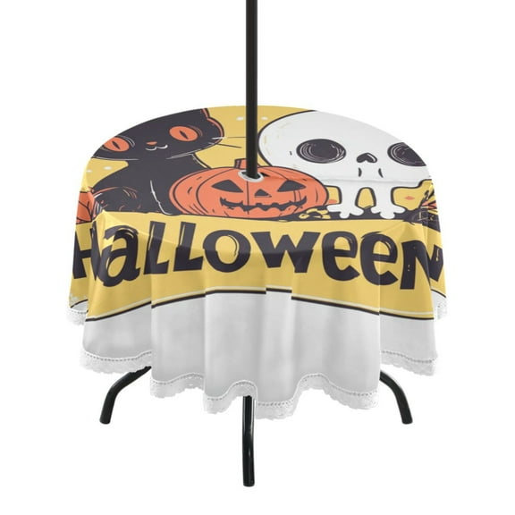 Round Outdoor Tablecloth 60 Inch Dining Table Cover with Lace Trim & Umbrella Hole for Outside Party Camping Halloween-themed Logo