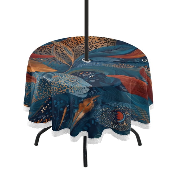 Round Outdoor Tablecloth 60 Inch Dining Table Cover with Lace Trim & Umbrella Hole for Outside Party Camping Leopard and Flying Feathers