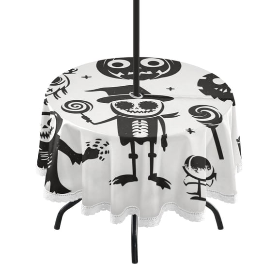 Round Outdoor Tablecloth 60 Inch Dining Table Cover with Lace Trim & Umbrella Hole for Outside Party Camping Logo with Various Halloween