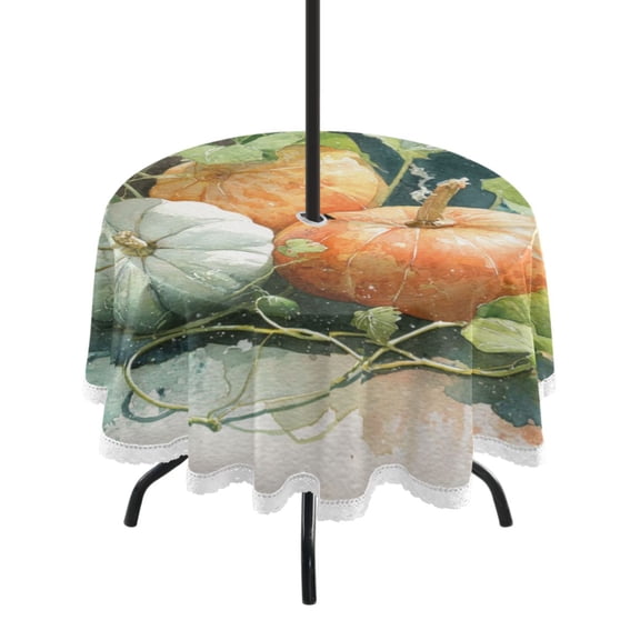 Round Outdoor Tablecloth 60 Inch Dining Table Cover with Lace Trim & Umbrella Hole for Outside Party Camping Orange and White Pumpkins