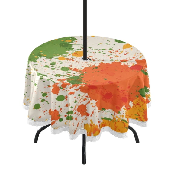 Round Outdoor Tablecloth 60 Inch Dining Table Cover with Lace Trim & Umbrella Hole for Outside Party Camping Paint Splatter Pattern