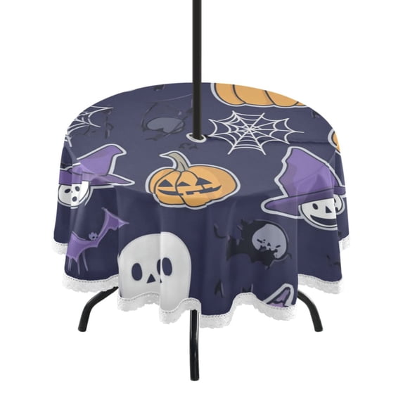 Round Outdoor Tablecloth 60 Inch Dining Table Cover with Lace Trim & Umbrella Hole for Outside Party Camping Purple Halloween-themed Pattern