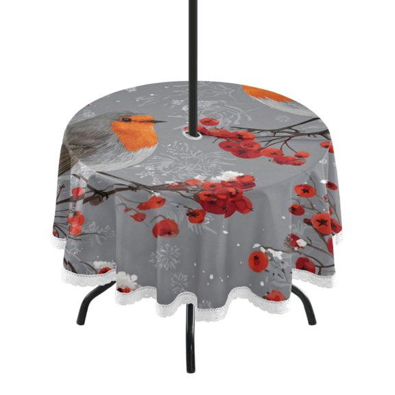 Round Outdoor Tablecloth 60 Inch Dining Table Cover with Lace Trim & Umbrella Hole for Outside Party Camping Red Berries and Robin Birds
