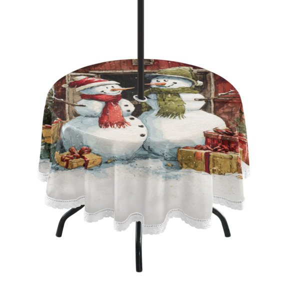 Round Outdoor Tablecloth 60 Inch Dining Table Cover with Lace Trim & Umbrella Hole for Outside Party Camping Watercolor Clipart Snowmen