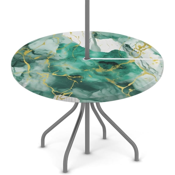 Round Outdoor Tablecloth with Umbrella Hole Green Marble Round Fitted Tablecloth Waterproof Umbrella Table Cloth with Zipper Patio Table Cover Elastic Outdoor Tables Cover, Fits 36"-44" Tables