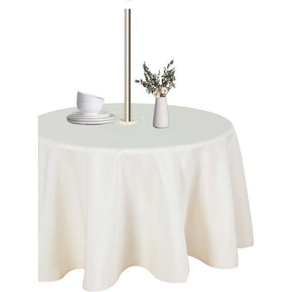 Round Outdoor Tablecloth with Umbrella Hole and Zipper, 60 Inch Beige, Washable Waterproof Table Cloth Spill Proof Wrinkle Free Table Cover for Patio Spring Summer Picnic