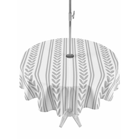 Round Outdoor Tablecloth with Umbrella Hole and Zipper 60 Inch, Grey Botanical Waterproof Patio Table Cloth, Modern Farmhouse Striped Washable Picnic Table Cover for Camping Dining