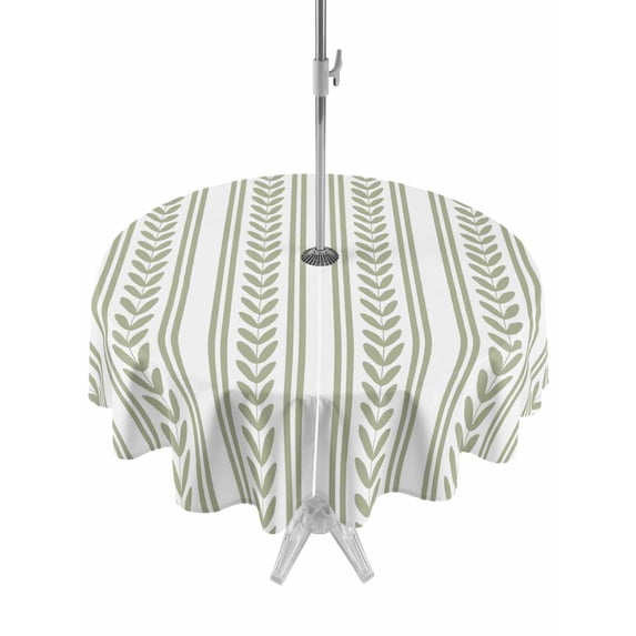 Round Outdoor Tablecloth with Umbrella Hole and Zipper 60 Inch, Sage Green Botanical Waterproof Patio Table Cloth, Modern Farmhouse Striped Washable Picnic Table Cover for Camping Dining