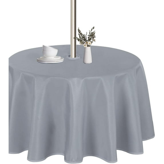 Round Outdoor Tablecloth with Umbrella Hole and Zipper, 60 Inch Silver, Washable Waterproof Table Cloth Spill Proof Wrinkle Free Table Cover for Patio Spring Summer Picnic