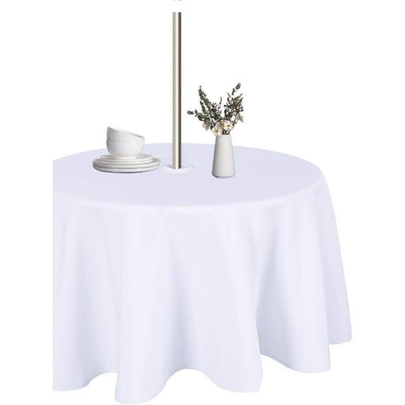 Round Outdoor Tablecloth with Umbrella Hole and Zipper, 60 Inch White, Washable Waterproof Table Cloth Spill Proof Wrinkle Free Table Cover for Patio Spring Summer Picnic