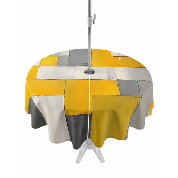 Round Outdoor Tablecloth With Umbrella Hole And Zipper– Abstract Retro Waterproof Patio Table Cover for Party, Picnic, Backyard, 50" Dia. , Geometric Block Pattern Yellow Gray