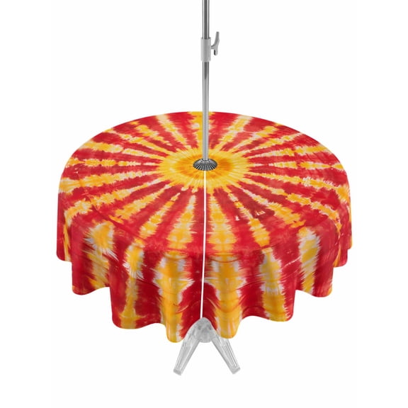 Round Outdoor Tablecloth With Umbrella Hole And Zipper– Abstract Sun Tie Dye Waterproof Patio Table Cover for Party, Picnic, Backyard, 60" Dia. , Yellow Tomato Red