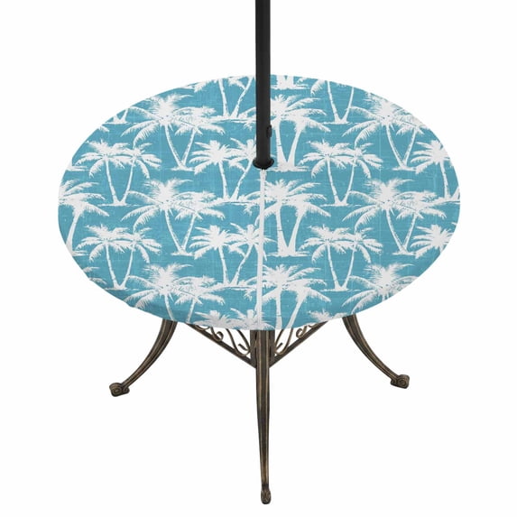 Round Outdoor Tablecloth with Umbrella Hole and Zipper, Aqua Blue Palm Tree Summer Tablecloth with Elastic Waterproof, Beach Tropical Coastal Patio Table Covers for 36" - 44" Picnic Pool Tables