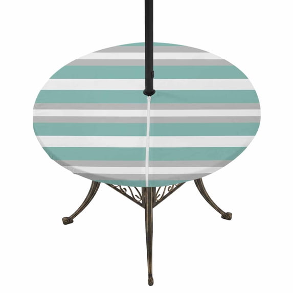 Round Outdoor Tablecloth with Umbrella Hole and Zipper, Aqua Grey Stripe Tablecloth with Elastic Waterproof, Minimalist Farmhouse Striped Patio Table Covers for 31" - 35" Picnic Pool Tables