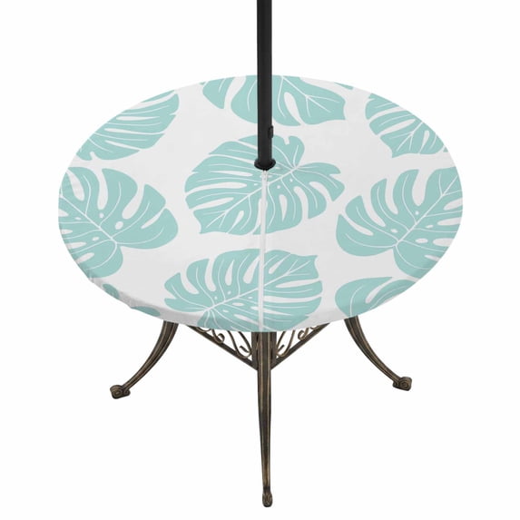 Round Outdoor Tablecloth with Umbrella Hole and Zipper, Aqua Monstera Leaf Tablecloth with Elastic Waterproof, Summer Tropical Plant Botanical Boho Patio Table Covers for 31" - 35" Pool Tables