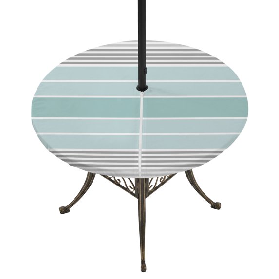 Round Outdoor Tablecloth with Umbrella Hole and Zipper, Aqua Ombre Stripes Tablecloth with Elastic Waterproof, Modern Abstract Stripes Aesthetic Patio Table Covers for 45" - 54" Picnic Pool Tables