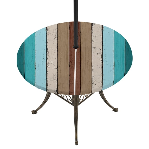Round Outdoor Tablecloth with Umbrella Hole and Zipper, Aqua Teal Fitted Table Cover with Elastic Edge for 45-54 Inch, Farmhouse Wood Grain Vintage Brown Striped Waterproof Patio Tablecoths