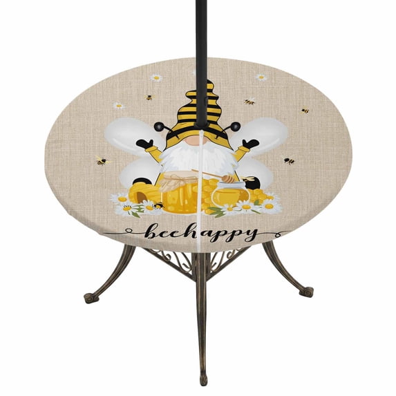 Round Outdoor Tablecloth with Umbrella Hole and Zipper, Bees Gnomes Tablecloth with Elastic Waterproof, Spring Floral Daisy Farmhouse Rustic Patio Table Covers for 31" - 35" Picnic Pool Tables