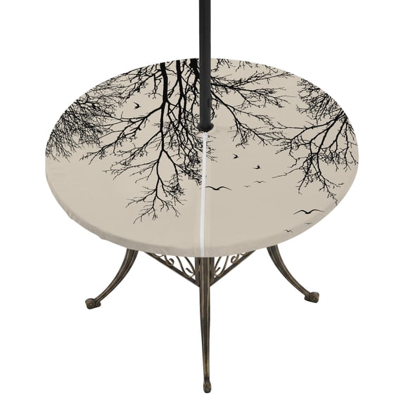 Round Outdoor Tablecloth with Umbrella Hole and Zipper, Beige Black Branches Tablecloth with Elastic Waterproof, Botanical Dead Tree Birds Patio Table Covers for 55" - 60" Picnic Pool Tables
