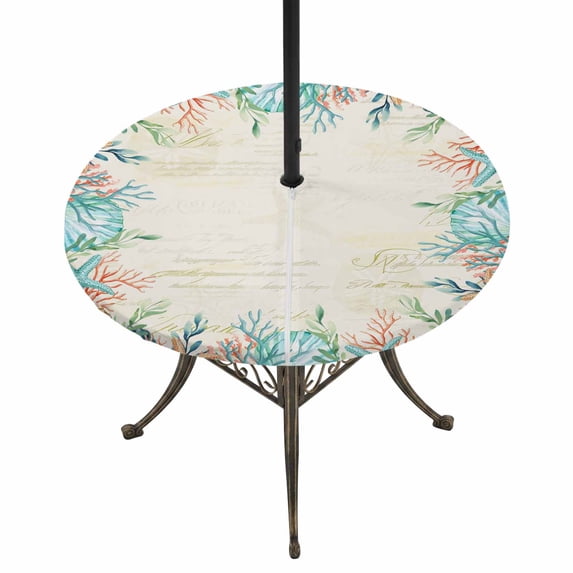 Round Outdoor Tablecloth with Umbrella Hole and Zipper, Beige Coastal Tablecloth with Elastic Waterproof, Summer Nautical Beach Coral Starfish Patio Table Covers for 55" - 60" Picnic Pool Tables