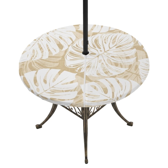 Round Outdoor Tablecloth with Umbrella Hole and Zipper, Beige Monstera Deliciosa Tablecloth with Elastic Waterproof, Tropical Summer Botanical Patio Table Covers for 31" - 35" Picnic Pool Tables