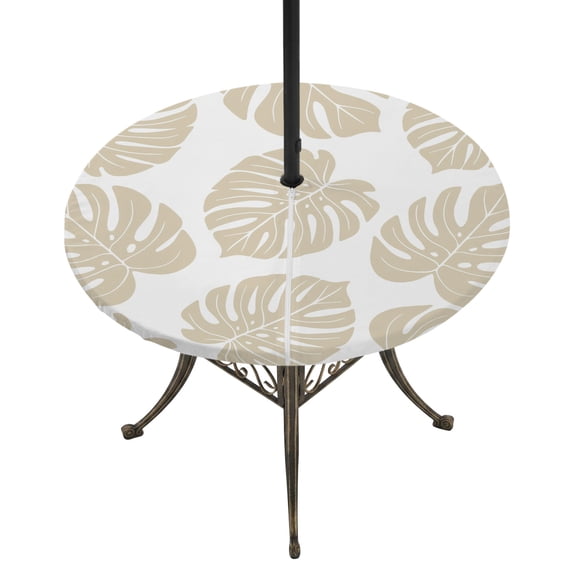 Round Outdoor Tablecloth with Umbrella Hole and Zipper, Beige Monstera Leaf Tablecloth with Elastic Waterproof, Tropical Plant Foliage Botanical Boho Patio Table Covers for 55" - 60" Pool Tables