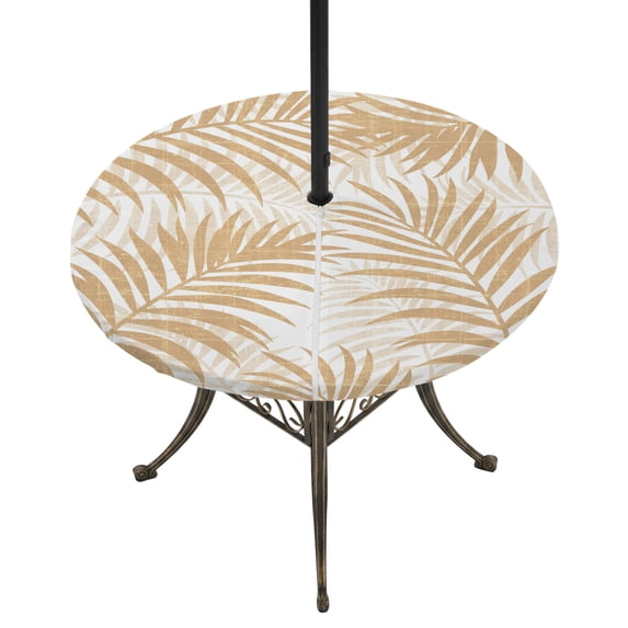 Round Outdoor Tablecloth with Umbrella Hole and Zipper, Beige Palm Leaves Tablecloth with Elastic Waterproof, Summer Botanical Tropical Plants Patio Table Covers for 45" - 54" Picnic Pool Tables