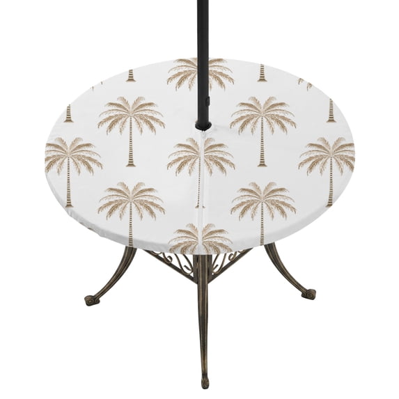 Round Outdoor Tablecloth with Umbrella Hole and Zipper, Beige Palm Trees Tablecloth with Elastic Waterproof, Tropical Summer Beach Botanical Patio Table Covers for 45" - 54" Picnic Pool Tables