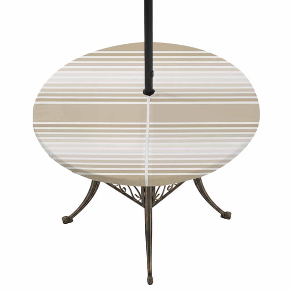 Round Outdoor Tablecloth with Umbrella Hole and Zipper, Beige Striped Tablecloth with Elastic Waterproof, Beige Ombre Farmhouse Stripes Patio Table Covers for 31" - 35" Picnic Pool Tables