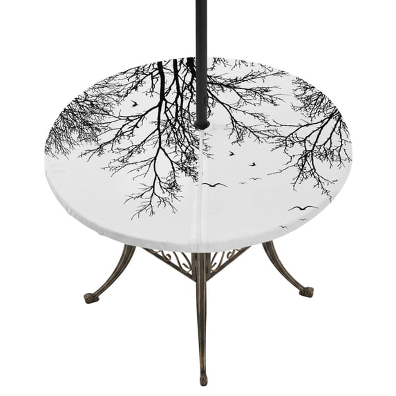 Round Outdoor Tablecloth with Umbrella Hole and Zipper, Black Branches Tablecloth with Elastic Waterproof, Botanical Dead Tree Birds Patio Table Covers for 31" - 35" Picnic Pool Tables