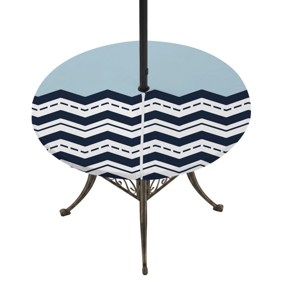 Round Outdoor Tablecloth with Umbrella Hole and Zipper, Black Chevron Tablecloth with Elastic Waterproof, Geometric Blue White Sea Wavy Striped Patio Table Covers for 31" - 35" Picnic Pool Tables