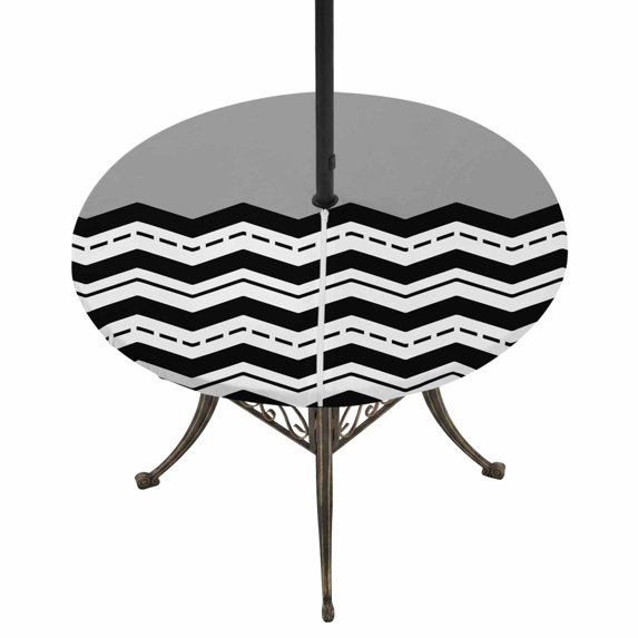 Round Outdoor Tablecloth with Umbrella Hole and Zipper, Black Chevron Tablecloth with Elastic Waterproof, Geometric Grey Print Wavy Striped White Patio Table Covers for 31" - 35" Picnic Pool Tables