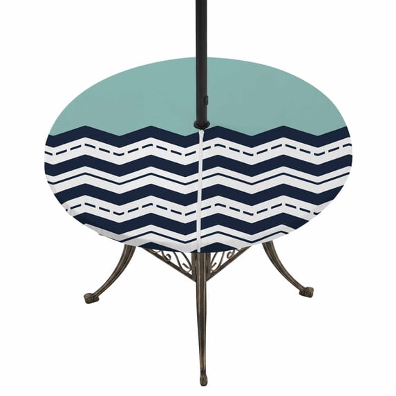 Round Outdoor Tablecloth with Umbrella Hole and Zipper, Black Chevron Tablecloth with Elastic Waterproof, Geometric Turquoise Wavy Striped White Patio Table Covers for 36" - 44" Picnic Pool Tables