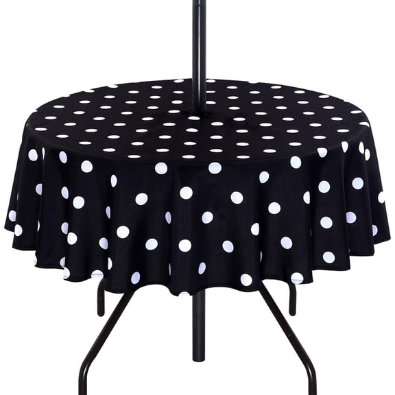 Round Outdoor Tablecloth with Umbrella Hole and Zipper,Black Dot 60 Inch,Polyester SpillProof Washable Table Cloth for Spring Summer Patio Garden Poolside Picnic Camping BBQS