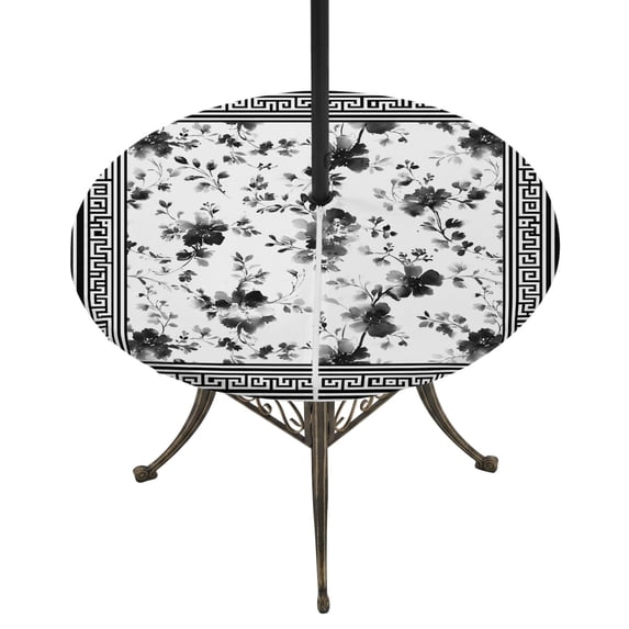 Round Outdoor Tablecloth with Umbrella Hole and Zipper, Black Floral Tablecloth with Elastic Waterproof, Retro Flowers Leaves Farmhouse Greek Key Patio Table Covers for 36" - 44" Picnic Pool Tables