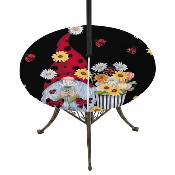 Round Outdoor Tablecloth with Umbrella Hole and Zipper, Black Gnomes Daisy Tablecloth with Elastic Waterproof, Pastoral Country Garden Floral Patio Table Covers for 36" - 44" Picnic Pool Tables