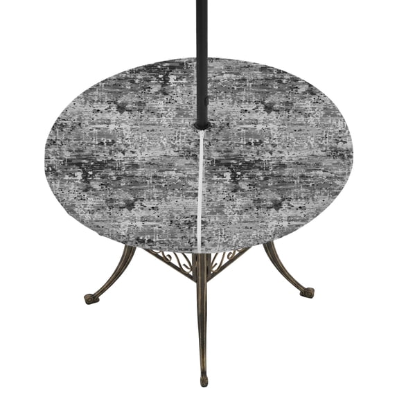 Round Outdoor Tablecloth with Umbrella Hole and Zipper, Black Grey Abstract Tablecloth with Elastic Waterproof, Modern Graffiti Distressed Mottled Art Patio Table Covers for 45" - 54" Pool Tables