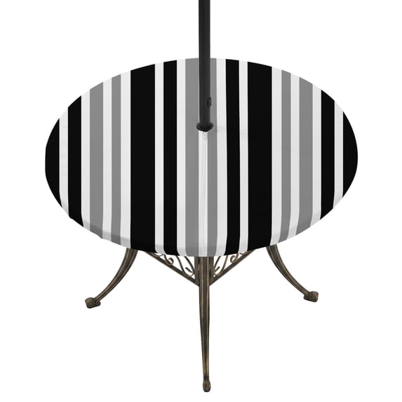 Round Outdoor Tablecloth with Umbrella Hole and Zipper, Black Grey Stripe Tablecloth with Elastic Waterproof, Farmhouse Minimalist Striped Patio Table Covers for 55" - 60" Picnic Pool Tables