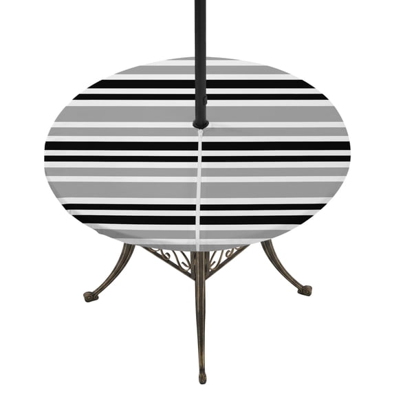 Round Outdoor Tablecloth with Umbrella Hole and Zipper, Black Grey Striped Tablecloth with Elastic Waterproof, Horizontal Lines Simple Minimalist Patio Table Covers for 36" - 44" Picnic Pool Tables