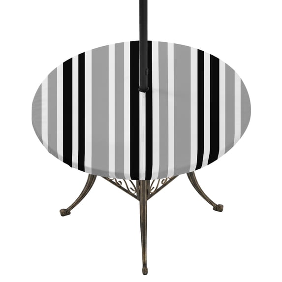 Round Outdoor Tablecloth with Umbrella Hole and Zipper, Black Grey Stripes Tablecloth with Elastic Waterproof, Simple Striped Lines Minimalist Modern Patio Table Covers for 45" - 54" Pool Tables