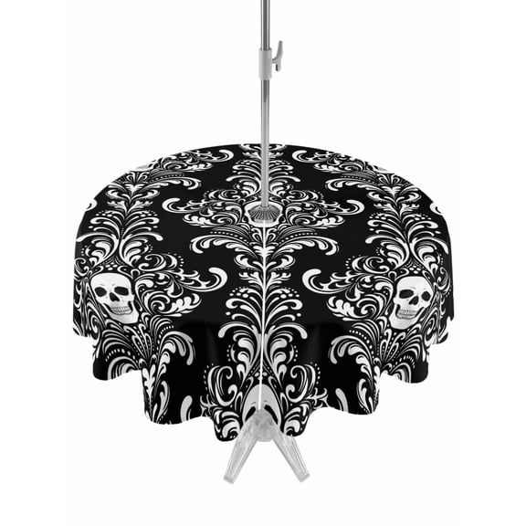 Round Outdoor Tablecloth With Umbrella Hole And Zipper– Black Horror Halloween Waterproof Patio Table Cover for Party, Picnic, Backyard, 50" Dia. , Vintage White Skull Pattern