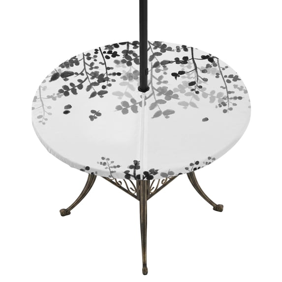 Round Outdoor Tablecloth with Umbrella Hole and Zipper, Black Leaves Tablecloth with Elastic Waterproof, Summer Botanical Patio Table Covers for 36" - 44" Picnic Pool Tables