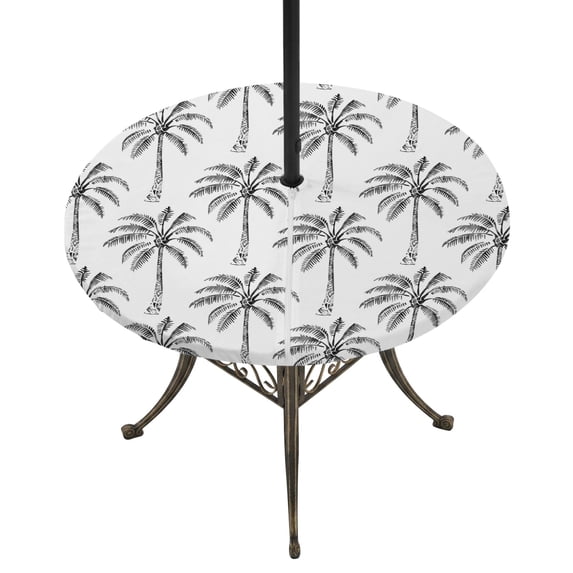 Round Outdoor Tablecloth with Umbrella Hole and Zipper, Black Palm Tree Tablecloth with Elastic Waterproof, Tropical Summer Botanical Forest Modern Patio Table Covers for 55" - 60" Pool Tables