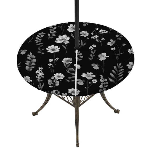 Round Outdoor Tablecloth with Umbrella Hole and Zipper, Black Spring Floral Tablecloth with Elastic Waterproof, Flowers Botanical Elegant Pastoral Patio Table Covers for 45" - 54" Picnic Pool Tables
