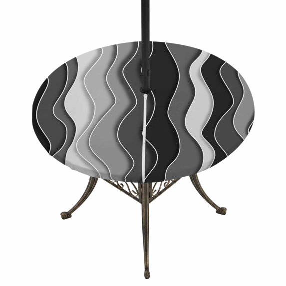 Round Outdoor Tablecloth with Umbrella Hole and Zipper, Black Stripes Tablecloth with Elastic Waterproof, Modern Simple Greyish Gradient Lines Patio Table Covers for 55" - 60" Picnic Pool Tables