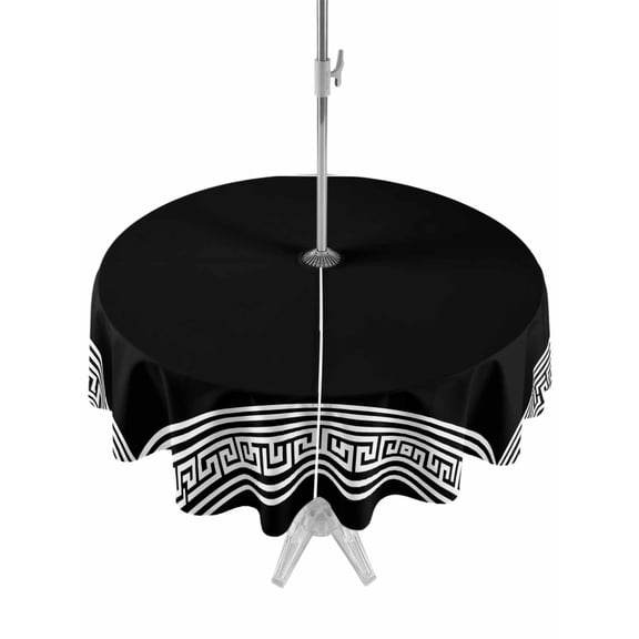 Round Outdoor Tablecloth With Umbrella Hole And Zipper– Black White Greek Key Pattern Waterproof Patio Table Cover for Party, Picnic, Backyard, 50" Dia. , Geometric Modern